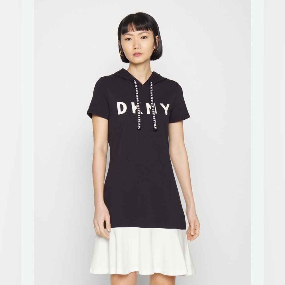 👗 DKNY black white hoodie shirt dress size medium